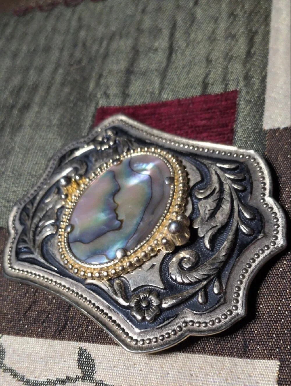 Ornate Abalone Shell Buckle in Silver Tone